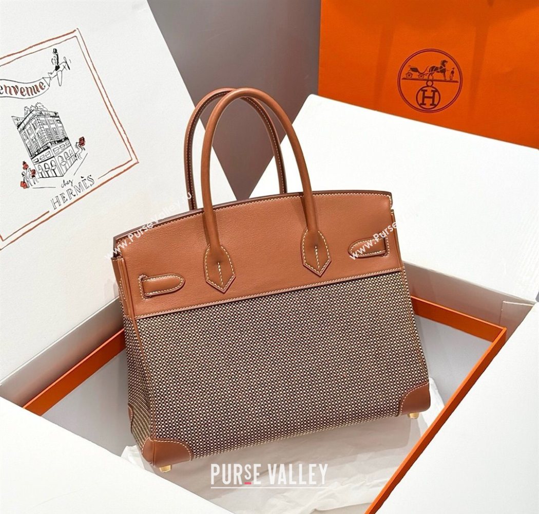 Hermes Birkin 30cm Bag in Waffle Pattern Canvas and Swift Calfskin with Gold Hardware Brown 2025 (Half Handmade) (FL-250701080)
