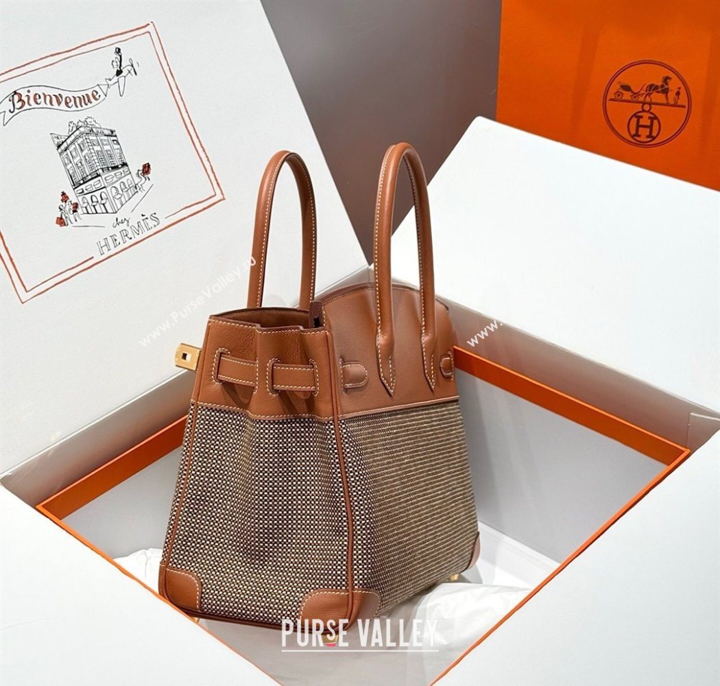 Hermes Birkin 30cm Bag in Waffle Pattern Canvas and Swift Calfskin with Gold Hardware Brown 2025 (Half Handmade) (FL-250701080)