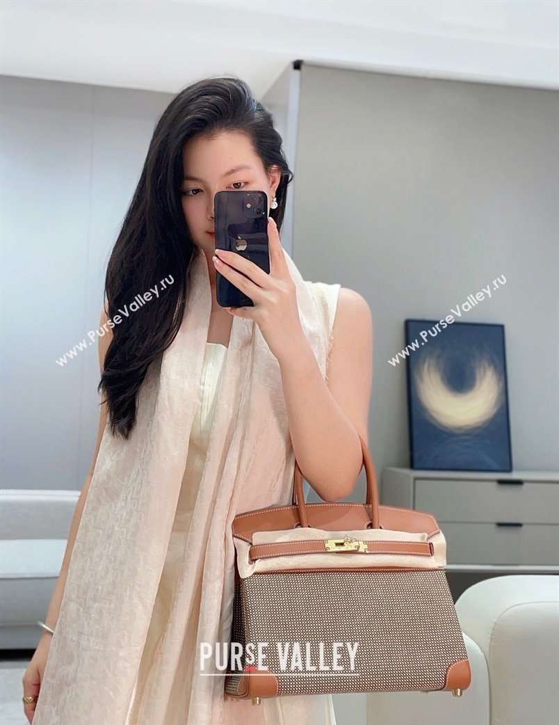 Hermes Birkin 30cm Bag in Waffle Pattern Canvas and Swift Calfskin with Gold Hardware Brown 2025 (Half Handmade) (FL-250701080)