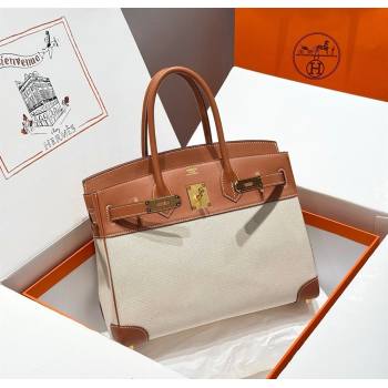 Hermes Birkin 30cm Bag in Canvas and Swift Calfskin with Gold Hardware Brown/White 2025 (Half Handmade) (FL-250701081)