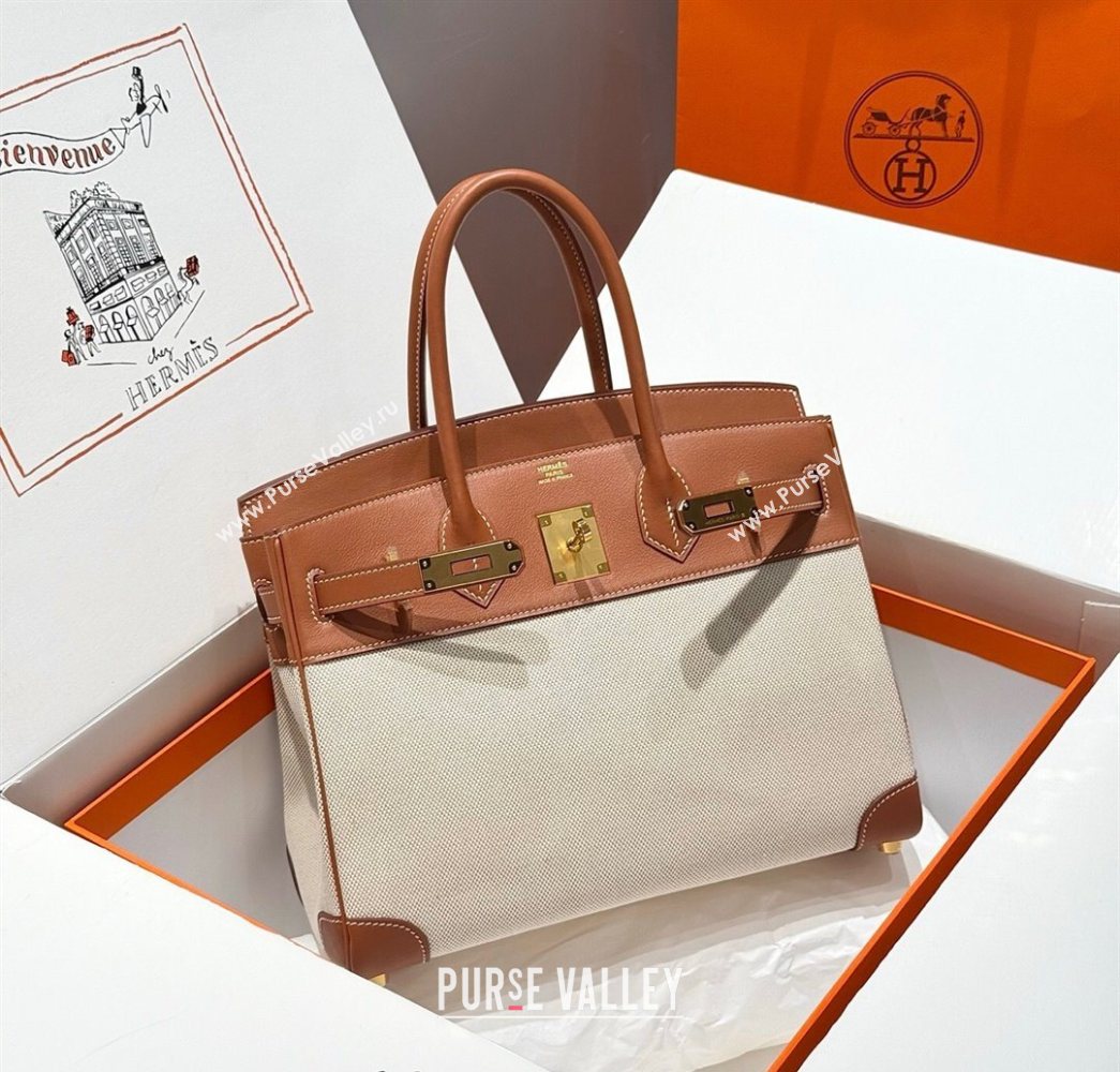 Hermes Birkin 30cm Bag in Canvas and Swift Calfskin with Gold Hardware Brown/White 2025 (Half Handmade) (FL-250701081)