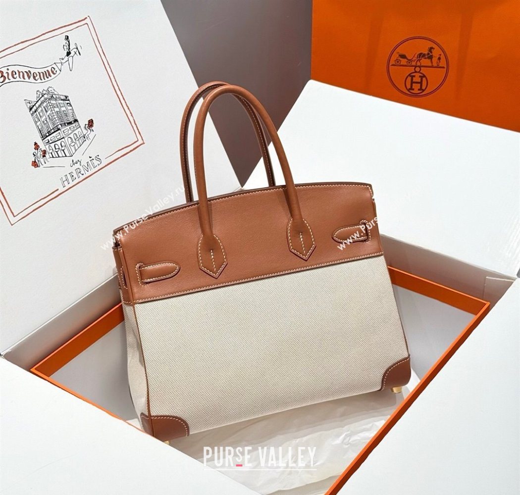 Hermes Birkin 30cm Bag in Canvas and Swift Calfskin with Gold Hardware Brown/White 2025 (Half Handmade) (FL-250701081)