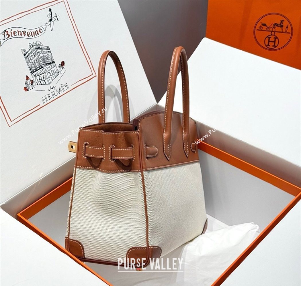 Hermes Birkin 30cm Bag in Canvas and Swift Calfskin with Gold Hardware Brown/White 2025 (Half Handmade) (FL-250701081)
