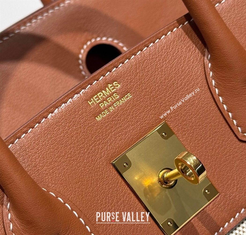 Hermes Birkin 30cm Bag in Canvas and Swift Calfskin with Gold Hardware Brown/White 2025 (Half Handmade) (FL-250701081)