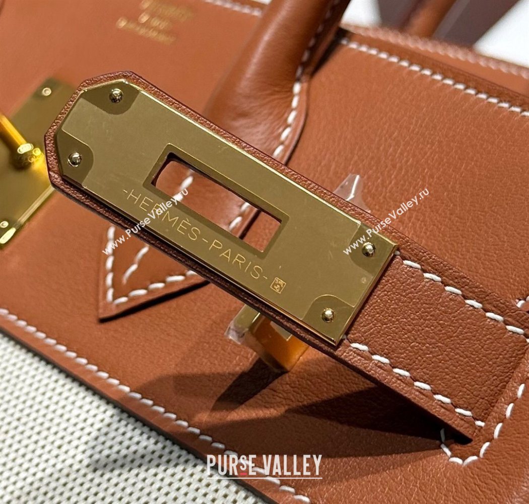 Hermes Birkin 30cm Bag in Canvas and Swift Calfskin with Gold Hardware Brown/White 2025 (Half Handmade) (FL-250701081)