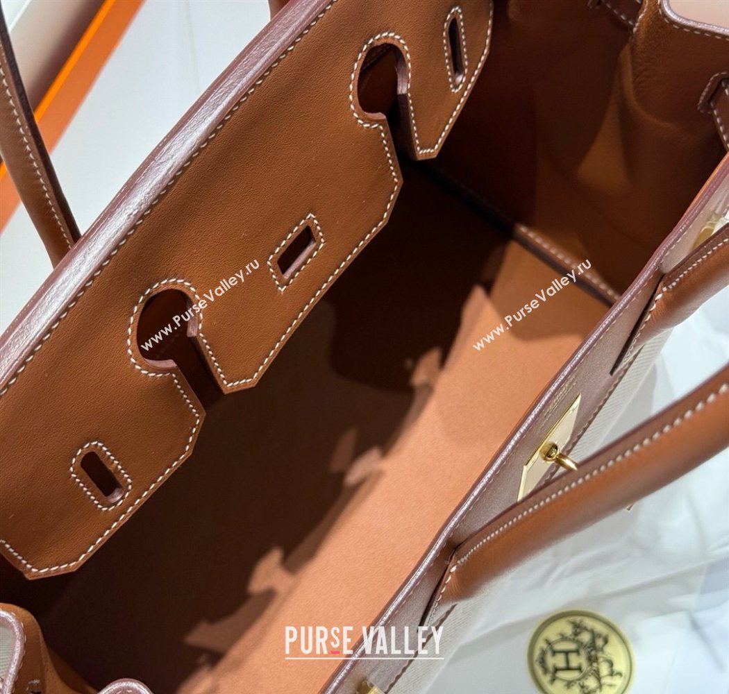 Hermes Birkin 30cm Bag in Canvas and Swift Calfskin with Gold Hardware Brown/White 2025 (Half Handmade) (FL-250701081)