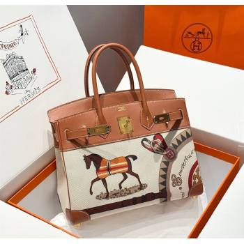 Hermes Birkin 30cm Bag in Printed Canvas and Swift Calfskin with Gold Hardware Brown 2025 (Half Handmade) (FL-250701082)