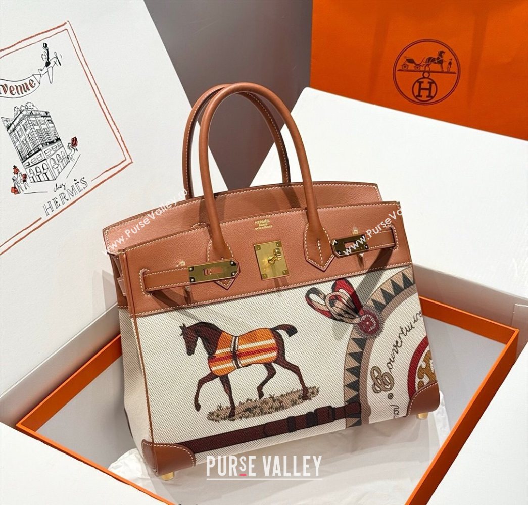 Hermes Birkin 30cm Bag in Printed Canvas and Swift Calfskin with Gold Hardware Brown 2025 (Half Handmade) (FL-250701082)