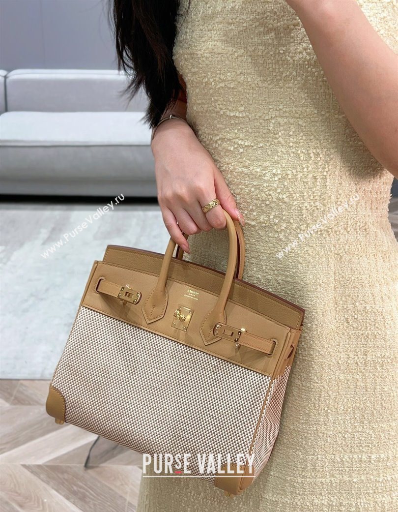 Hermes Birkin 25cm Bag in Waffle Pattern Canvas and Swift Calfskin with Gold Hardware Milk Tea Beige 2025 (Half Handmade) (FL-25