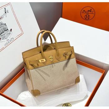 Hermes Birkin 25cm Bag in Waffle Pattern Canvas and Swift Calfskin with Gold Hardware Milk Tea Beige 2025 (Half Handmade) (FL-25