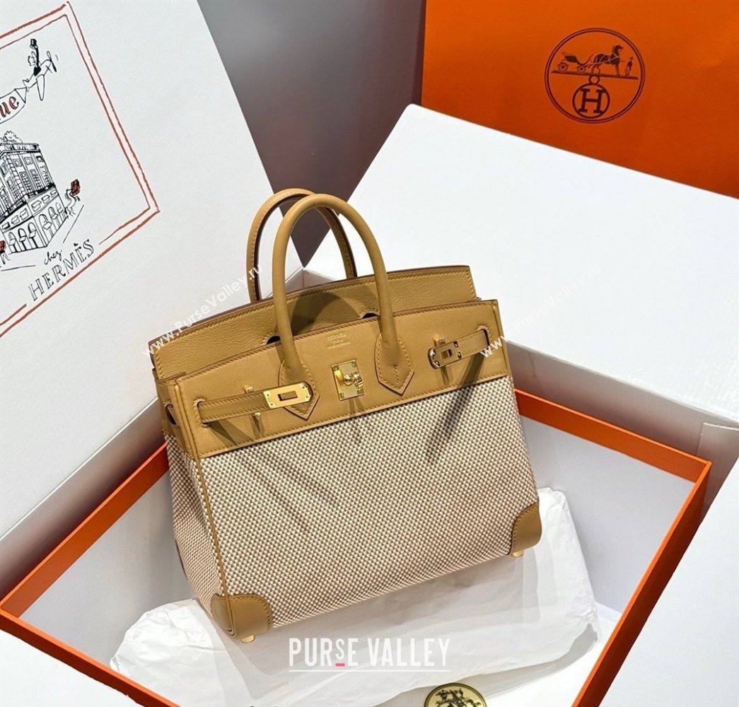 Hermes Birkin 25cm Bag in Waffle Pattern Canvas and Swift Calfskin with Gold Hardware Milk Tea Beige 2025 (Half Handmade) (FL-25