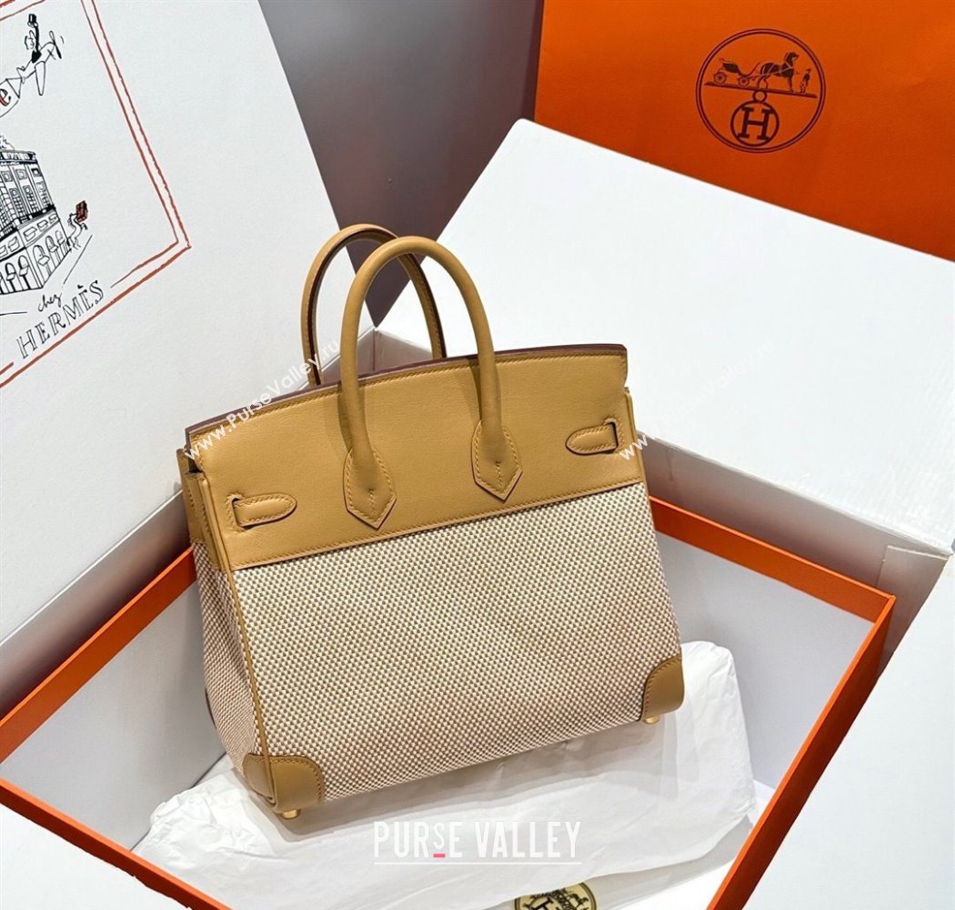 Hermes Birkin 25cm Bag in Waffle Pattern Canvas and Swift Calfskin with Gold Hardware Milk Tea Beige 2025 (Half Handmade) (FL-25