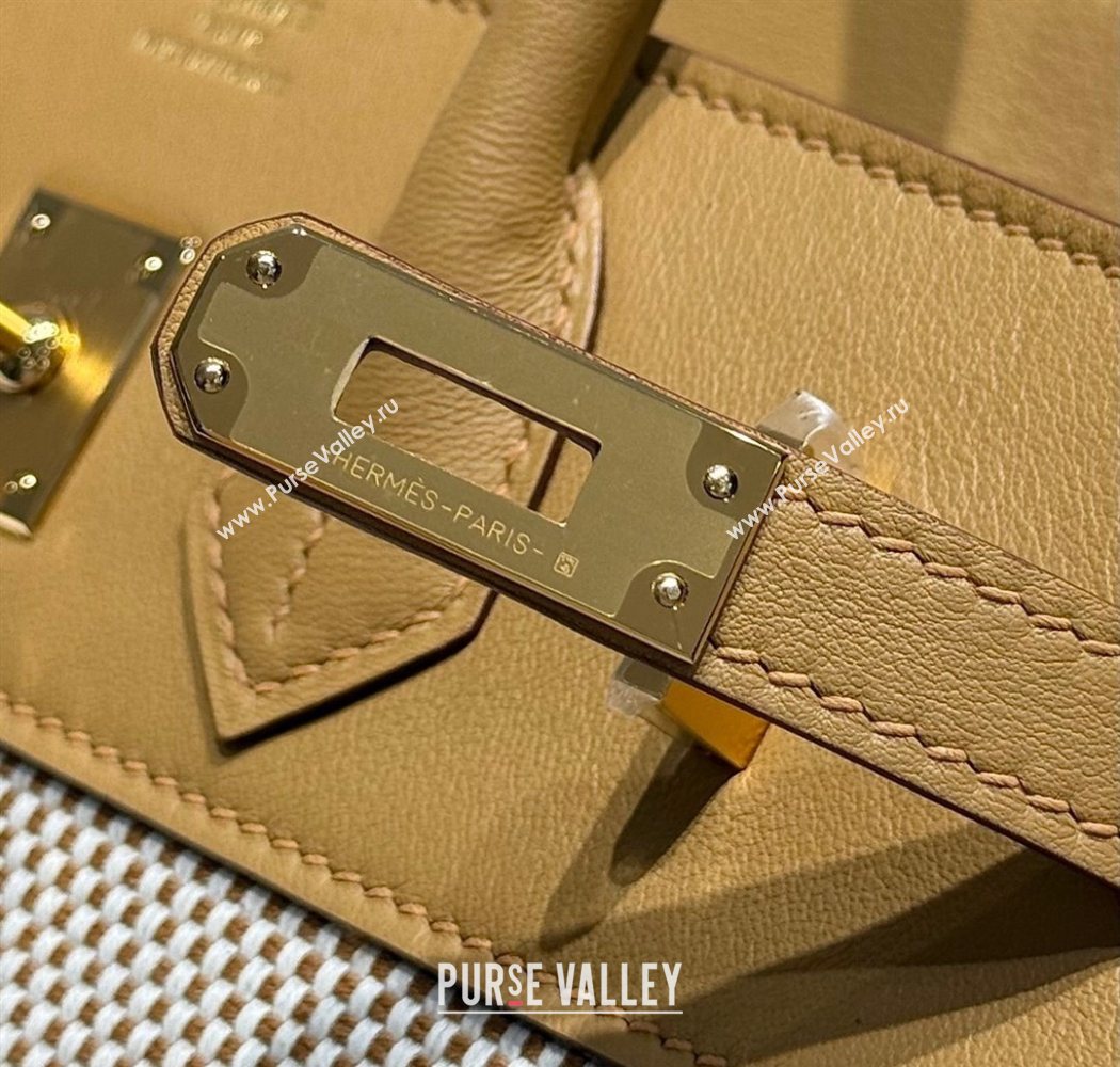 Hermes Birkin 25cm Bag in Waffle Pattern Canvas and Swift Calfskin with Gold Hardware Milk Tea Beige 2025 (Half Handmade) (FL-25