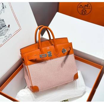 Hermes Birkin 25cm Bag in Waffle Pattern Canvas and Swift Calfskin with Silver Hardware Orange 2025 (Half Handmade) (FL-25070108