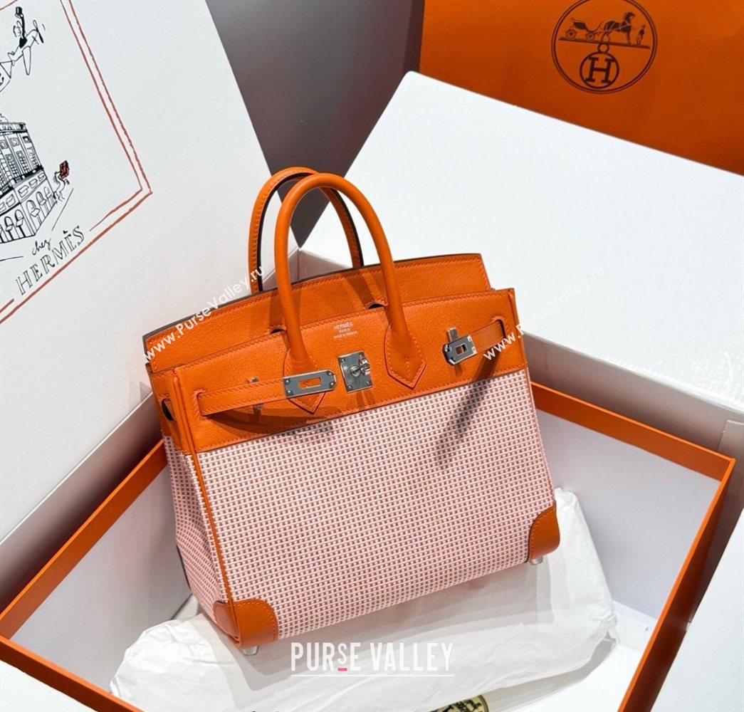 Hermes Birkin 25cm Bag in Waffle Pattern Canvas and Swift Calfskin with Silver Hardware Orange 2025 (Half Handmade) (FL-25070108