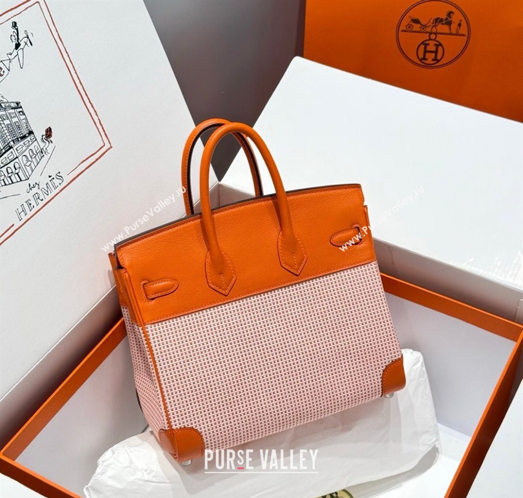 Hermes Birkin 25cm Bag in Waffle Pattern Canvas and Swift Calfskin with Silver Hardware Orange 2025 (Half Handmade) (FL-25070108