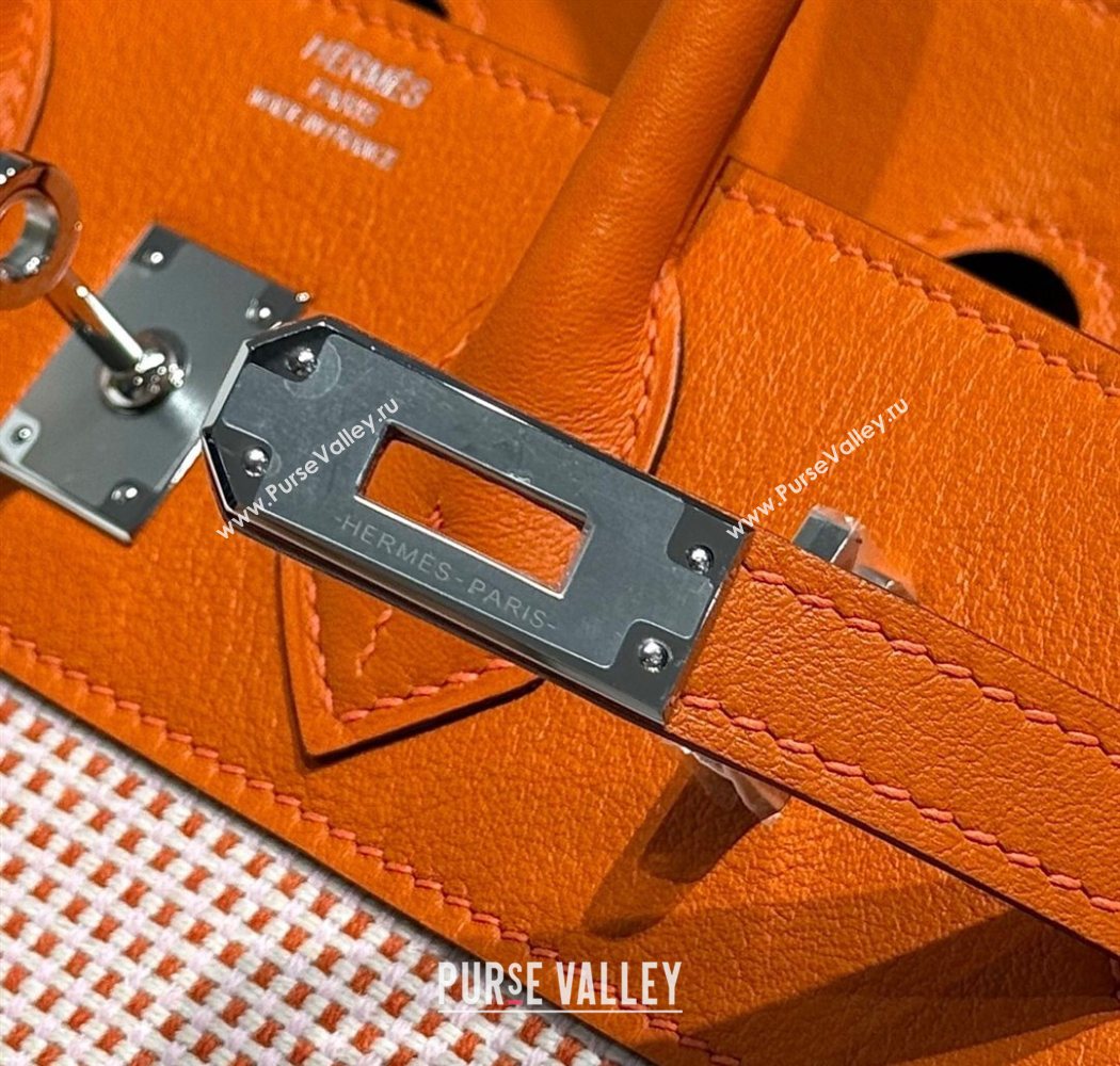 Hermes Birkin 25cm Bag in Waffle Pattern Canvas and Swift Calfskin with Silver Hardware Orange 2025 (Half Handmade) (FL-25070108