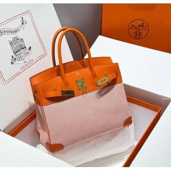 Hermes Birkin 30cm Bag in Waffle Pattern Canvas and Swift Calfskin with Gold Hardware Orange 2025 (Half Handmade) (FL-250701070)