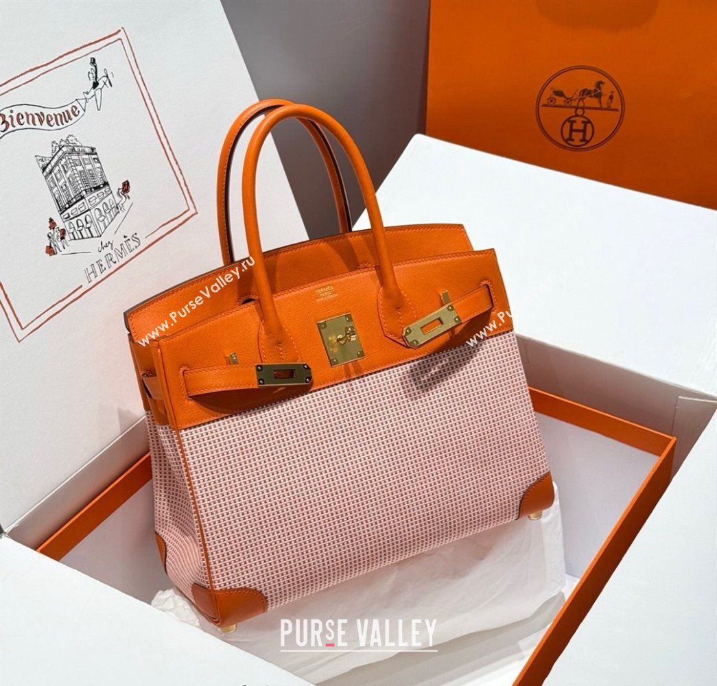 Hermes Birkin 30cm Bag in Waffle Pattern Canvas and Swift Calfskin with Gold Hardware Orange 2025 (Half Handmade) (FL-250701070)