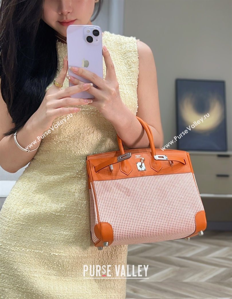 Hermes Birkin 25cm Bag in Waffle Pattern Canvas and Swift Calfskin with Silver Hardware Orange 2025 (Half Handmade) (FL-25070108