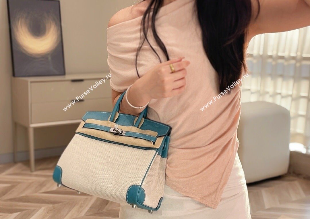 Hermes Birkin 25cm Bag in Canvas and Swift Calfskin with Silver Hardware Denim Blue 2025 (Half Handmade) (FL-250701085)