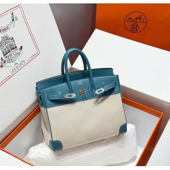 Hermes Birkin 25cm Bag in Canvas and Swift Calfskin with Silver Hardware Denim Blue 2025 (Half Handmade) (FL-250701085)