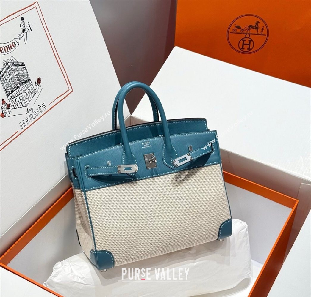 Hermes Birkin 25cm Bag in Canvas and Swift Calfskin with Silver Hardware Denim Blue 2025 (Half Handmade) (FL-250701085)