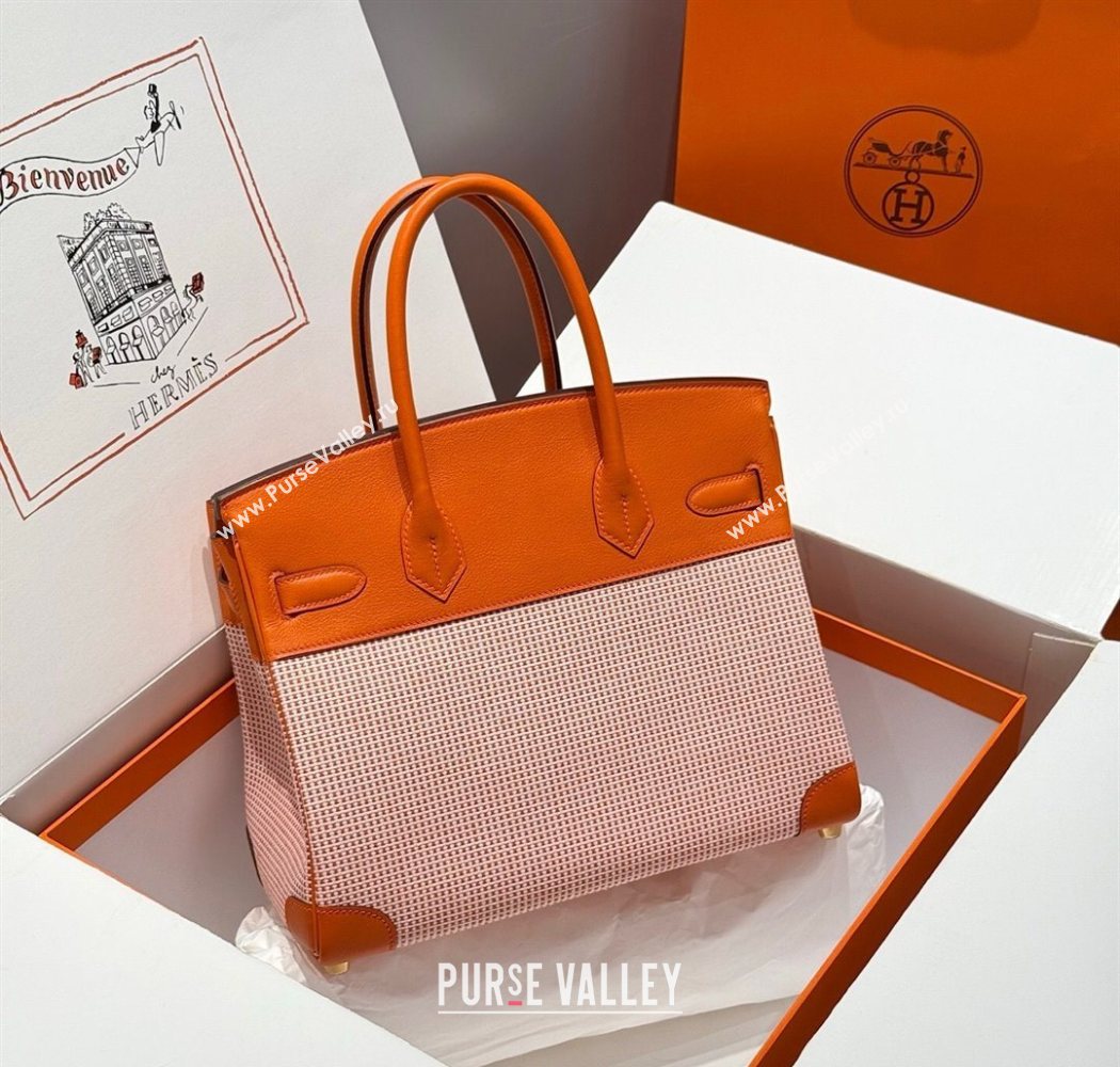 Hermes Birkin 30cm Bag in Waffle Pattern Canvas and Swift Calfskin with Gold Hardware Orange 2025 (Half Handmade) (FL-250701070)