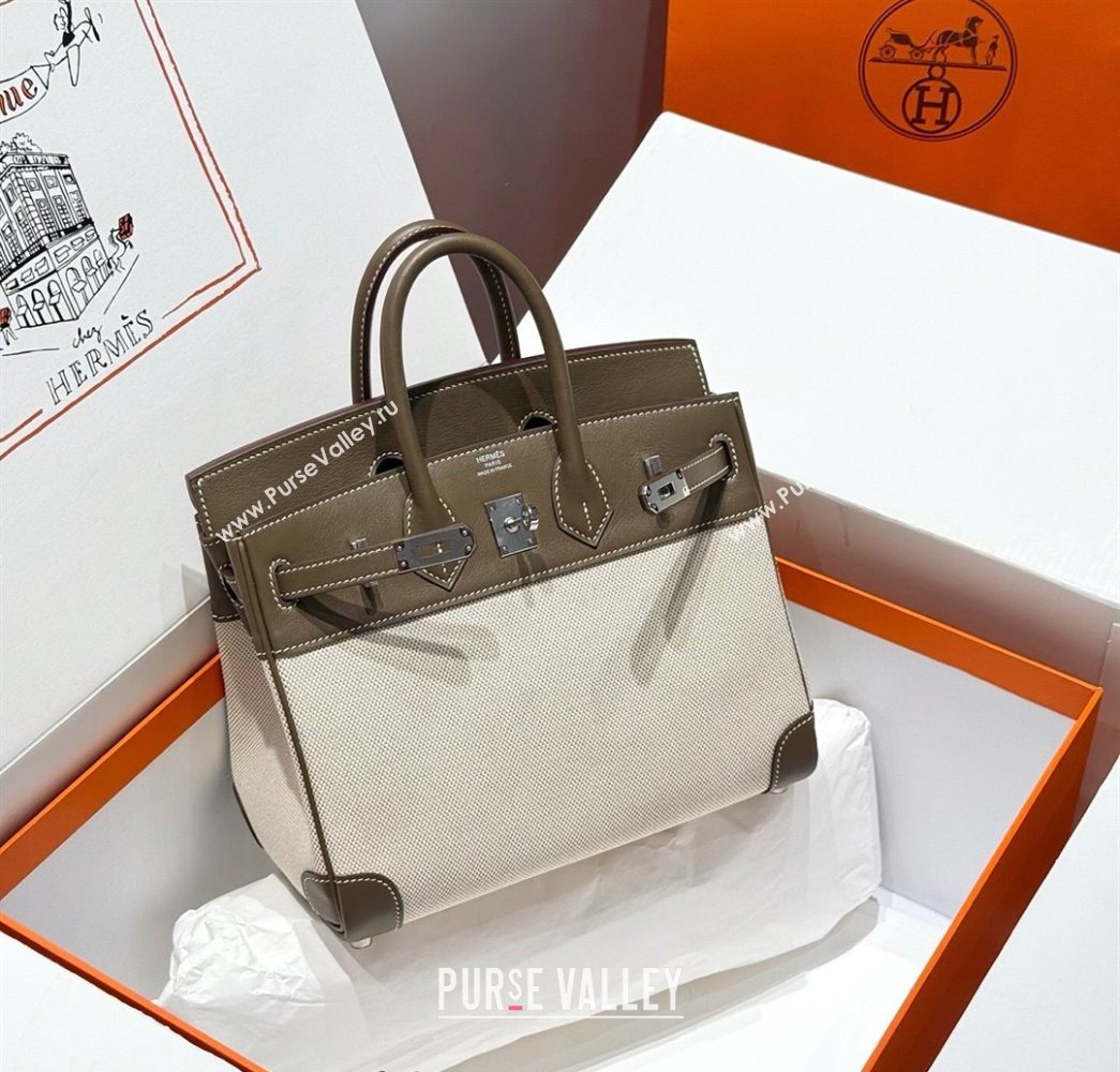 Hermes Birkin 25cm Bag in Canvas and Swift Calfskin with Silver Hardware Elephant Grey 2025 (Half Handmade) (FL-250701086)
