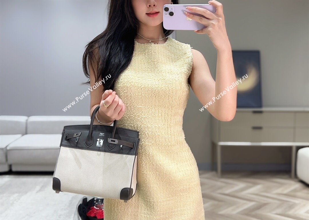 Hermes Birkin 25cm Bag in Canvas and Swift Calfskin with Silver Hardware Ebony 2025 (Half Handmade) (FL-250701087)