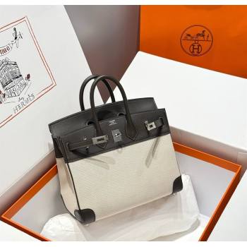 Hermes Birkin 25cm Bag in Canvas and Swift Calfskin with Silver Hardware Ebony 2025 (Half Handmade) (FL-250701087)