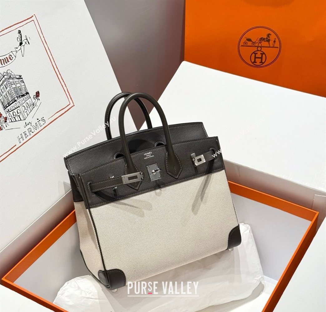 Hermes Birkin 25cm Bag in Canvas and Swift Calfskin with Silver Hardware Ebony 2025 (Half Handmade) (FL-250701087)