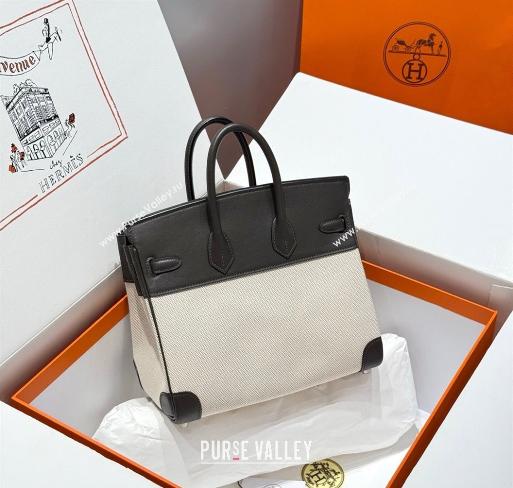 Hermes Birkin 25cm Bag in Canvas and Swift Calfskin with Silver Hardware Ebony 2025 (Half Handmade) (FL-250701087)
