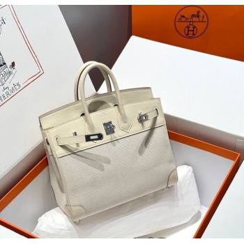 Hermes Birkin 25cm Bag in Canvas and Swift Calfskin with Silver Hardware Milk Shake White 2025 (Half Handmade) (FL-250701088)