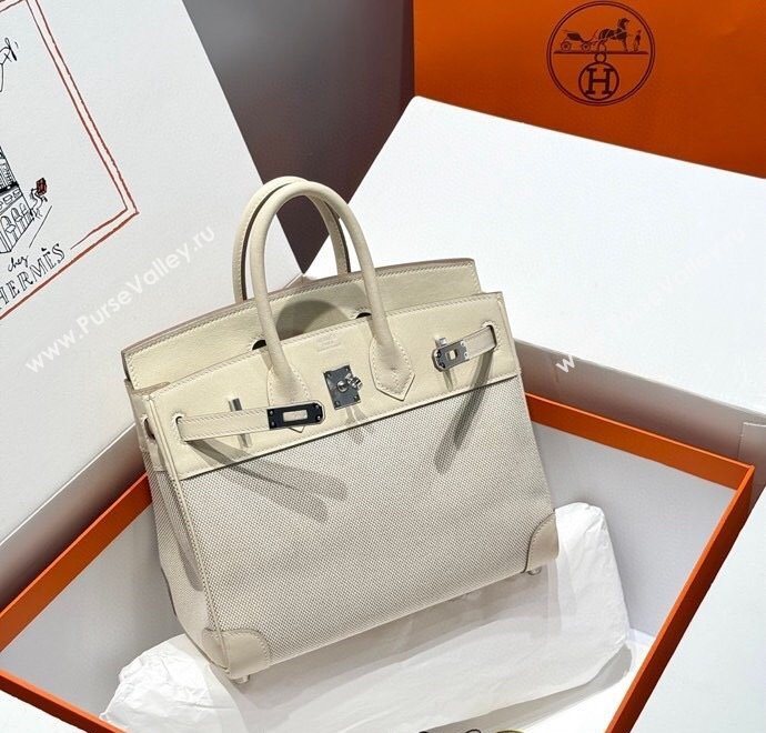Hermes Birkin 25cm Bag in Canvas and Swift Calfskin with Silver Hardware Milk Shake White 2025 (Half Handmade) (FL-250701088)
