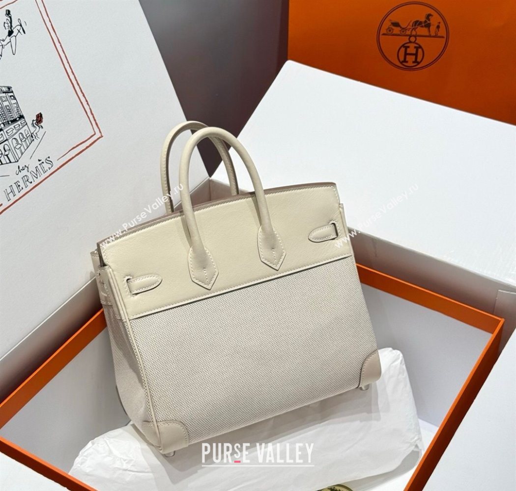 Hermes Birkin 25cm Bag in Canvas and Swift Calfskin with Silver Hardware Milk Shake White 2025 (Half Handmade) (FL-250701088)