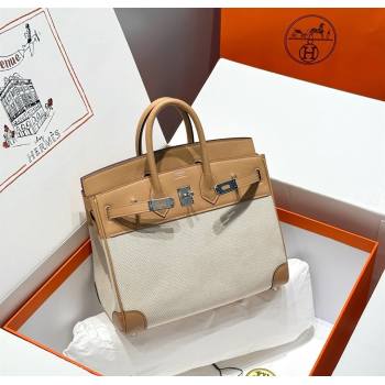 Hermes Birkin 25cm Bag in Canvas and Swift Calfskin with Silver Hardware Milk Tea Beige 2025 (Half Handmade) (FL-250701089)