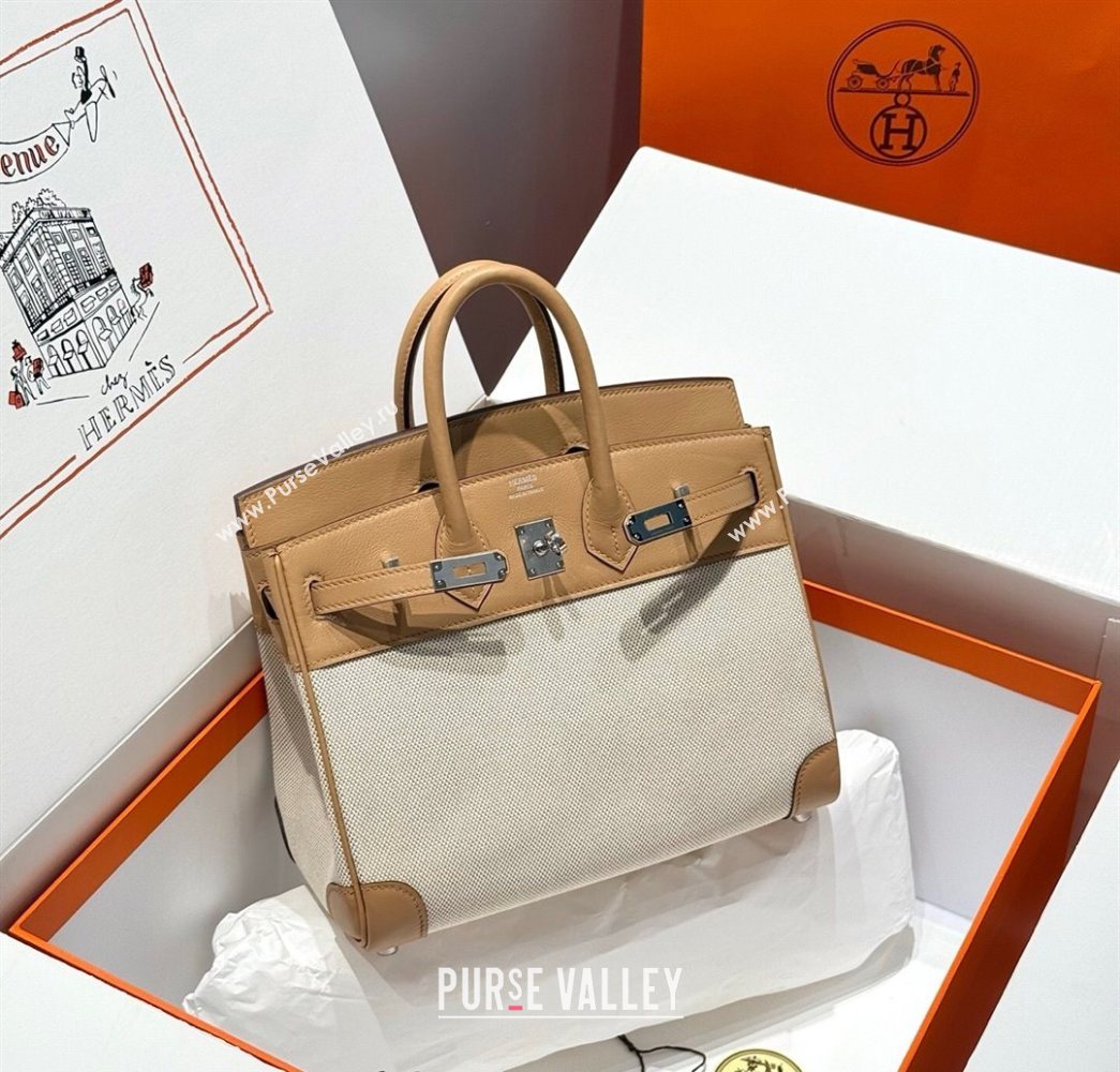 Hermes Birkin 25cm Bag in Canvas and Swift Calfskin with Silver Hardware Milk Tea Beige 2025 (Half Handmade) (FL-250701089)