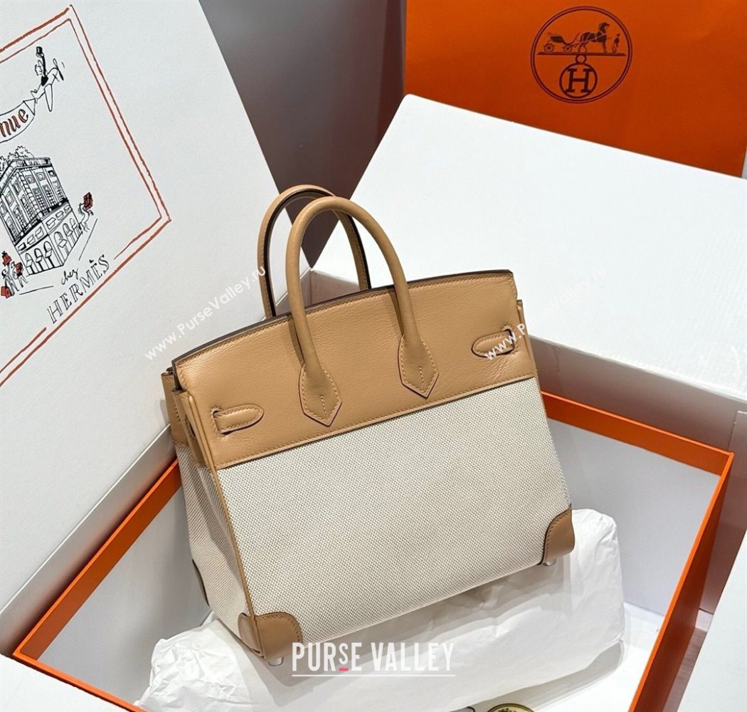 Hermes Birkin 25cm Bag in Canvas and Swift Calfskin with Silver Hardware Milk Tea Beige 2025 (Half Handmade) (FL-250701089)
