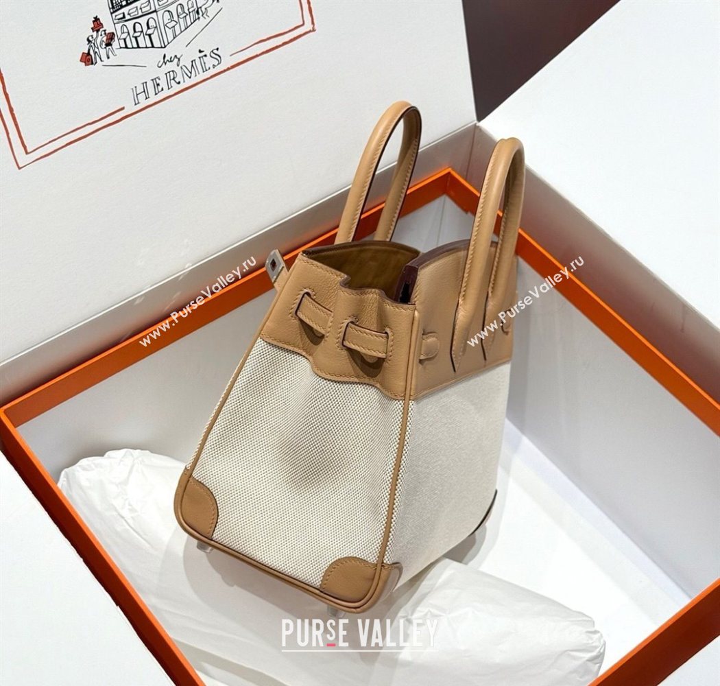 Hermes Birkin 25cm Bag in Canvas and Swift Calfskin with Silver Hardware Milk Tea Beige 2025 (Half Handmade) (FL-250701089)