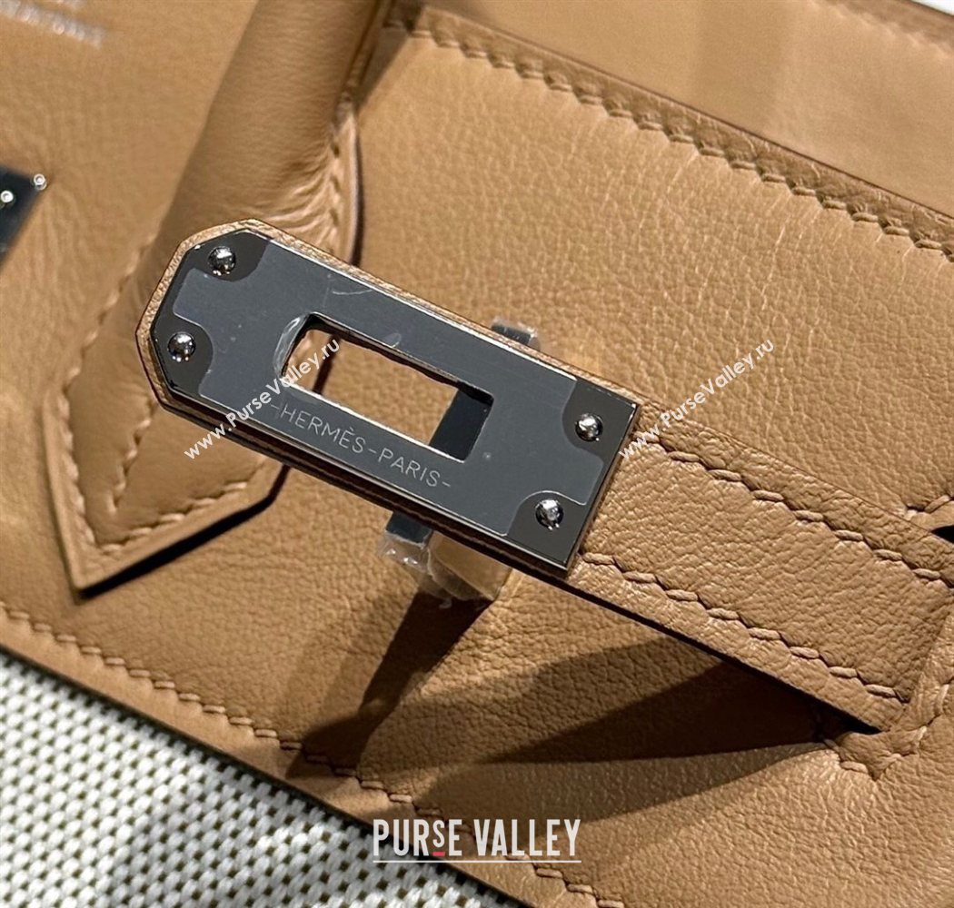 Hermes Birkin 25cm Bag in Canvas and Swift Calfskin with Silver Hardware Milk Tea Beige 2025 (Half Handmade) (FL-250701089)