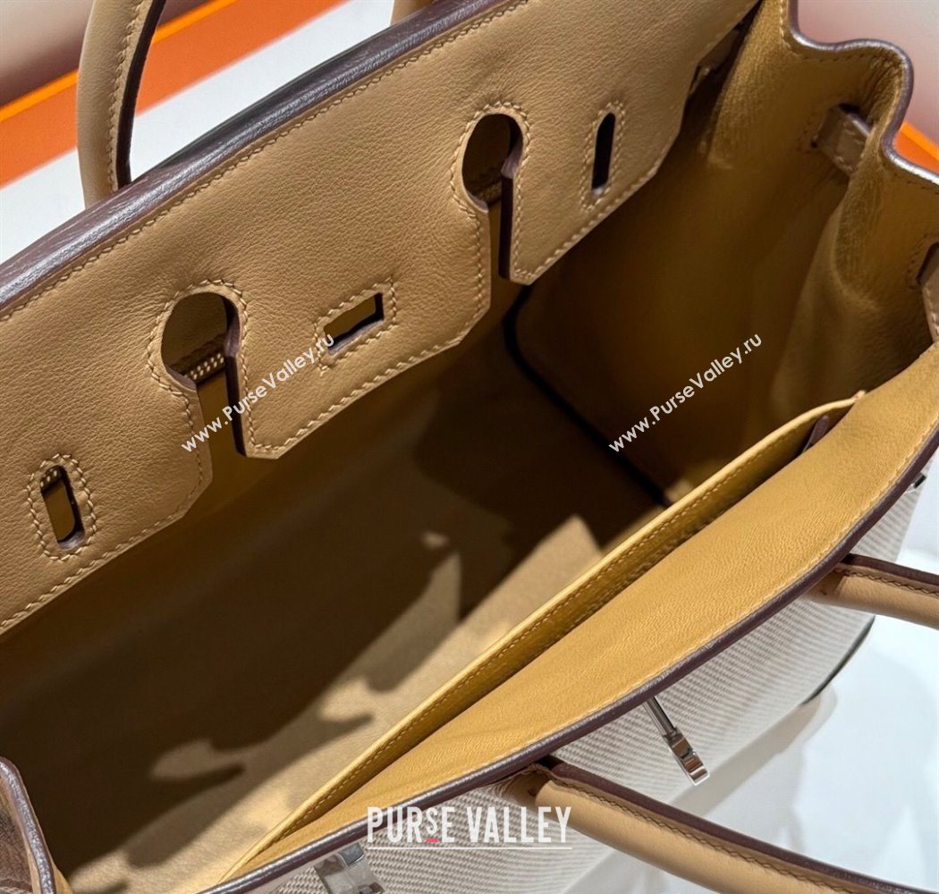 Hermes Birkin 25cm Bag in Canvas and Swift Calfskin with Silver Hardware Milk Tea Beige 2025 (Half Handmade) (FL-250701089)