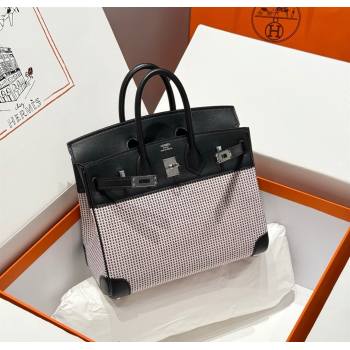 Hermes Birkin 25cm Bag in Waffle Pattern Canvas and Swift Calfskin with Silver Hardware Black/Pale Pink 2025 (Half Handmade) (FL