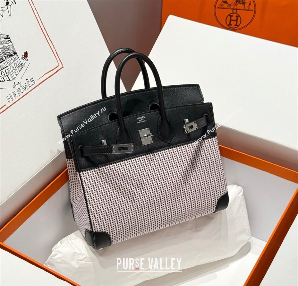 Hermes Birkin 25cm Bag in Waffle Pattern Canvas and Swift Calfskin with Silver Hardware Black/Pale Pink 2025 (Half Handmade) (FL