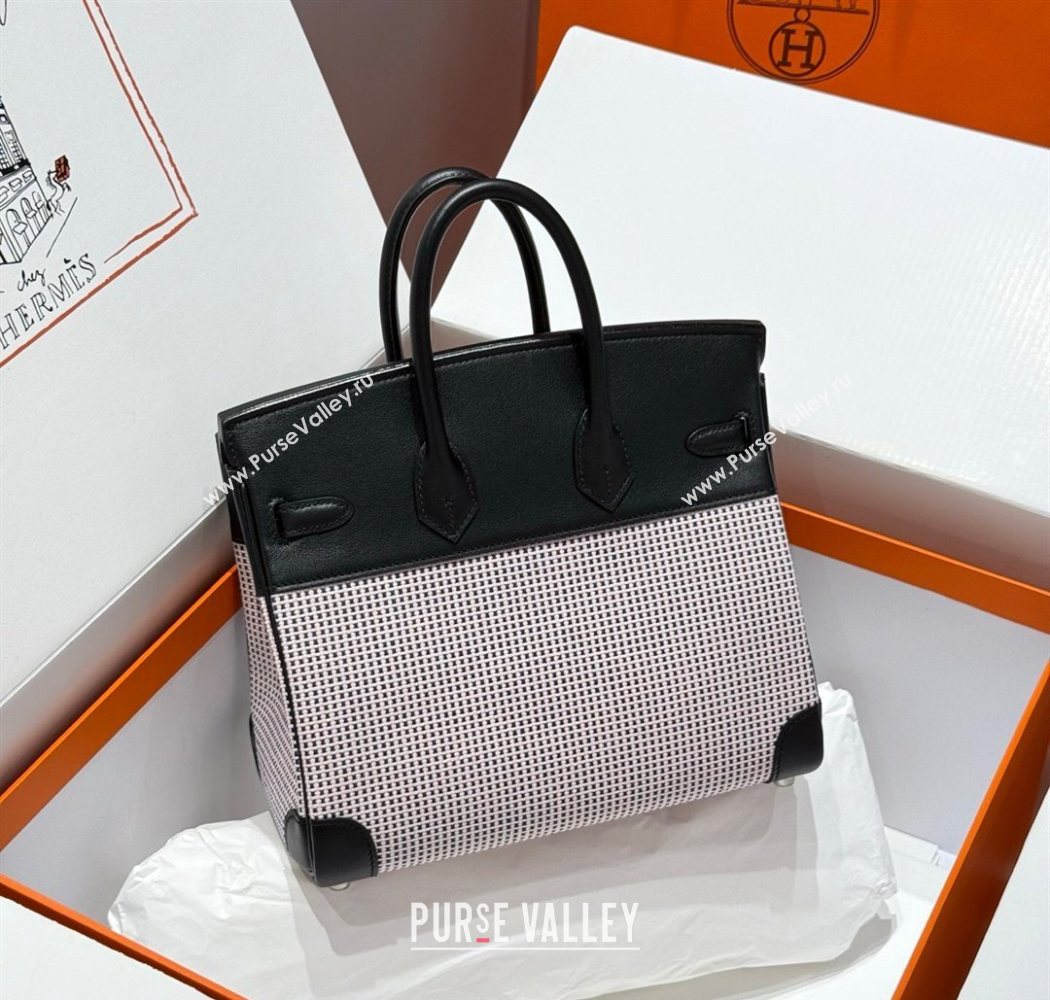 Hermes Birkin 25cm Bag in Waffle Pattern Canvas and Swift Calfskin with Silver Hardware Black/Pale Pink 2025 (Half Handmade) (FL