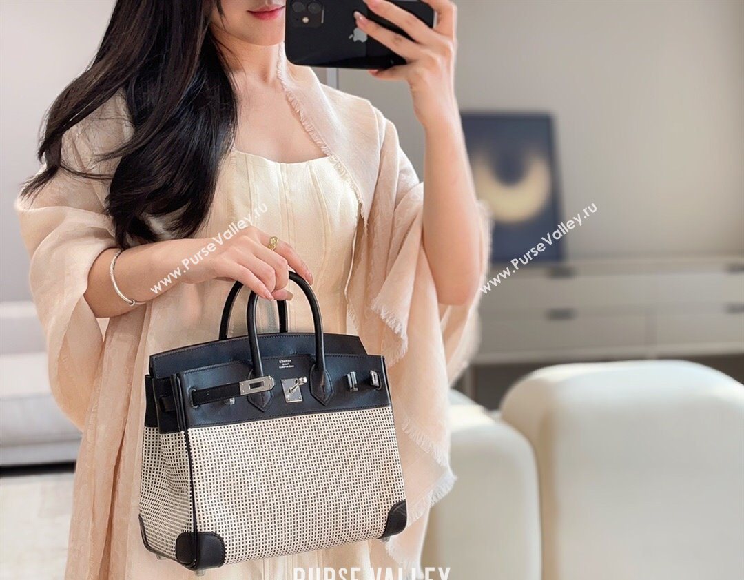 Hermes Birkin 25cm Bag in Waffle Pattern Canvas and Swift Calfskin with Silver Hardware Black/White 2025 (Half Handmade) (FL-250