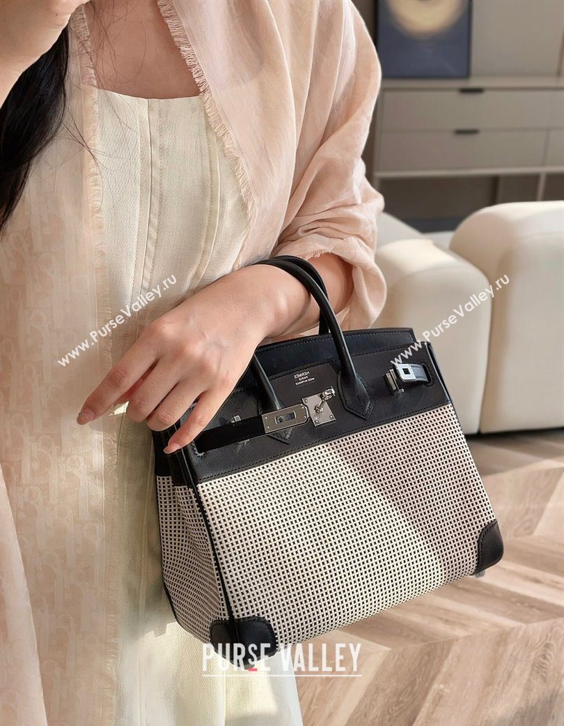 Hermes Birkin 25cm Bag in Waffle Pattern Canvas and Swift Calfskin with Silver Hardware Black/White 2025 (Half Handmade) (FL-250