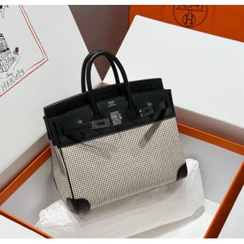 Hermes Birkin 25cm Bag in Waffle Pattern Canvas and Swift Calfskin with Silver Hardware Black/White 2025 (Half Handmade) (FL-250