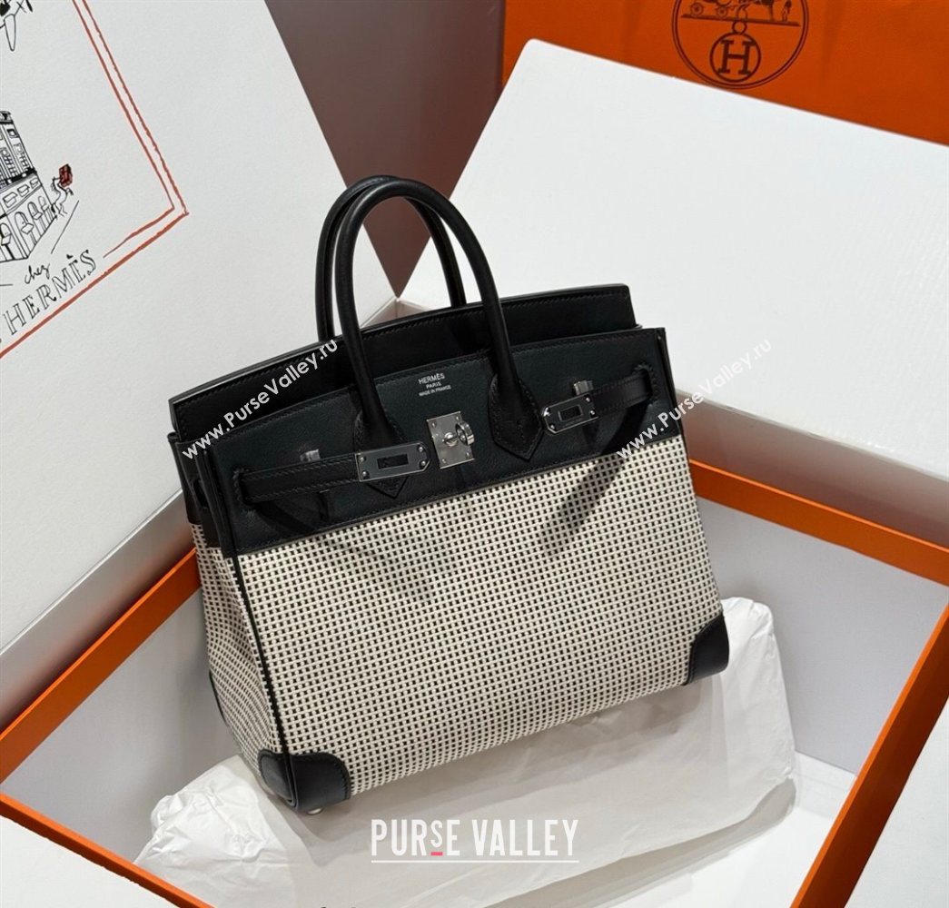 Hermes Birkin 25cm Bag in Waffle Pattern Canvas and Swift Calfskin with Silver Hardware Black/White 2025 (Half Handmade) (FL-250