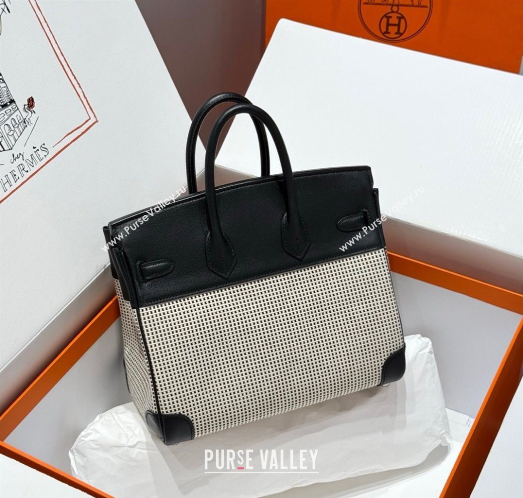 Hermes Birkin 25cm Bag in Waffle Pattern Canvas and Swift Calfskin with Silver Hardware Black/White 2025 (Half Handmade) (FL-250